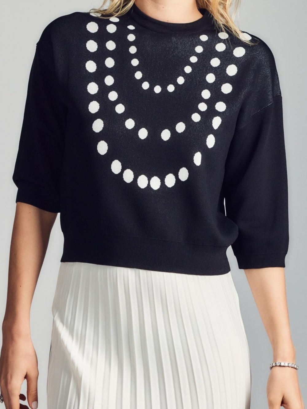 Aleeza Paris Pearly Knit Top Black Dot-Print Sweater NWT XS $138